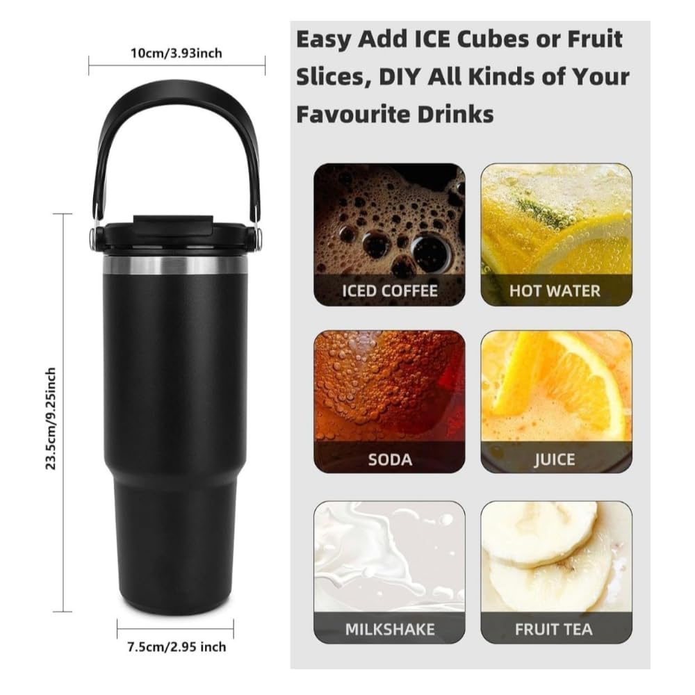 Hydrated 900ml Stainless Steel Vacuum Tumble,2-in-1 Lid and Straw  (black)