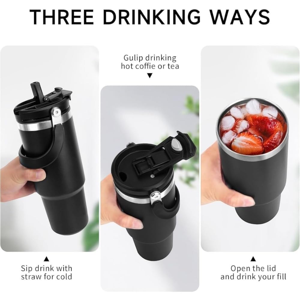 Hydrated 900ml Stainless Steel Vacuum Tumble,2-in-1 Lid and Straw  (black)