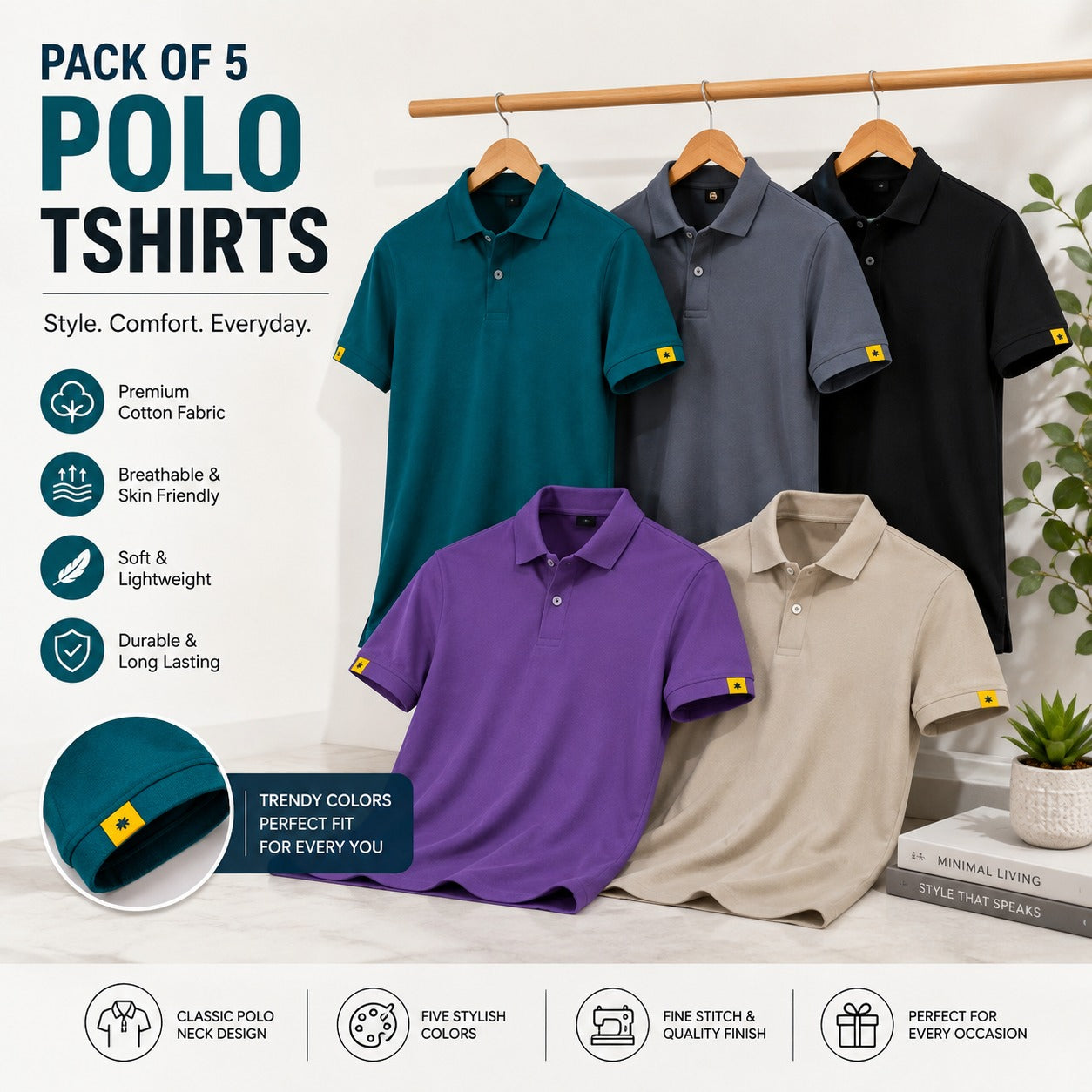 Pack of 5 Polyester polo Tshirt (assorted color)