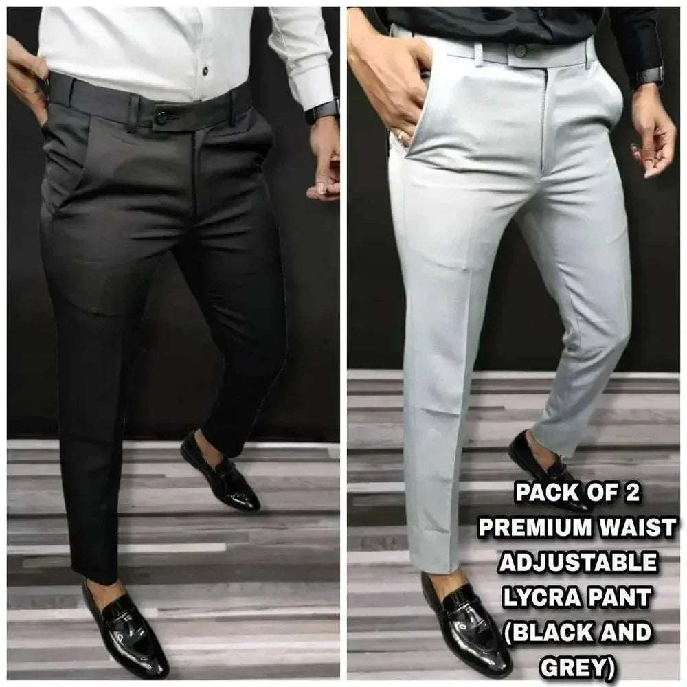 Premium Waist Adjustable Lycra Men's Trouser (Black And Grey) (Pack of 2)