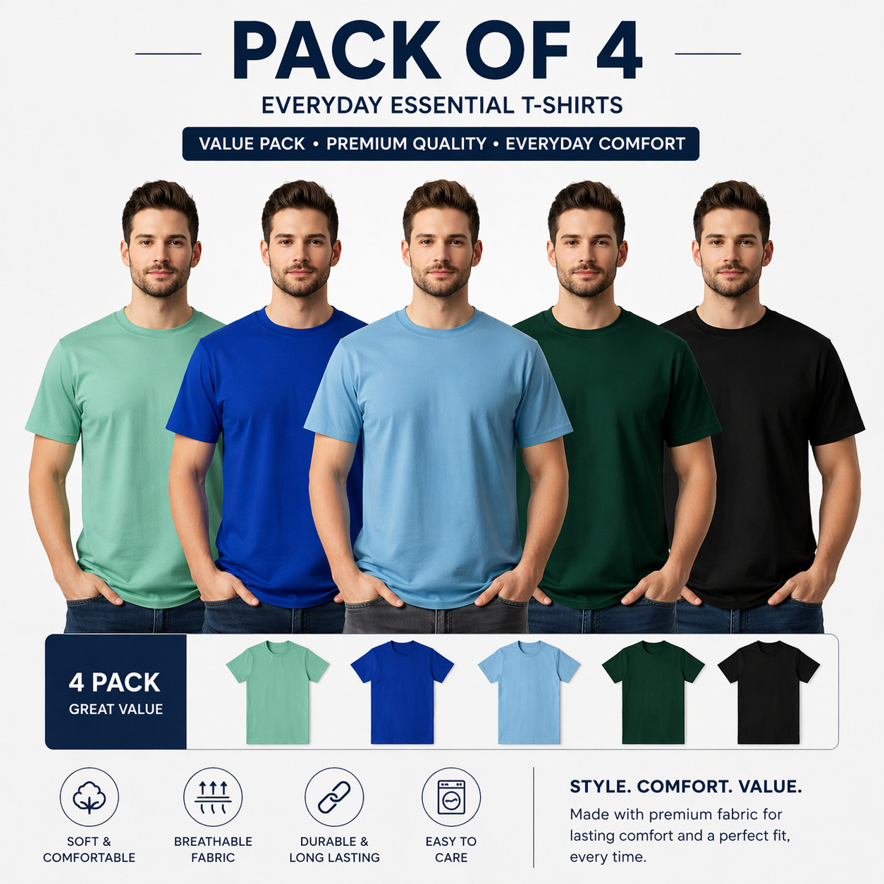 Round Neck T-Shirt Half Sleeves pack of 4 (Random Color)